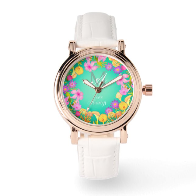 Botanical Wreath Monogram Aqua Watch (Front)