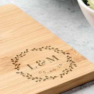 Botanical Wreath Monogram Wedding Gift Engraved Cutting Board