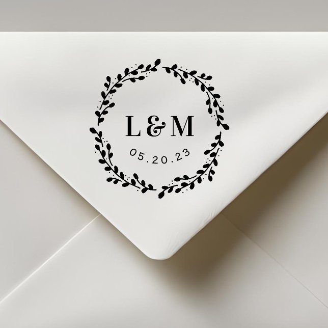 Botanical Wreath Monogram Wedding Save the Date Rubber Stamp (Creator Uploaded)
