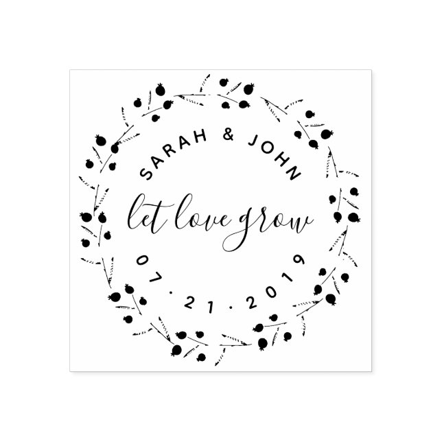 Botanical Wreath & Script Let Love Grow Wedding Rubber Stamp (Imprint)