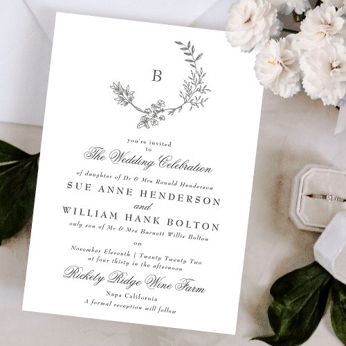 Botanical Wreath Sketched Antique Monogram Wedding Invitation