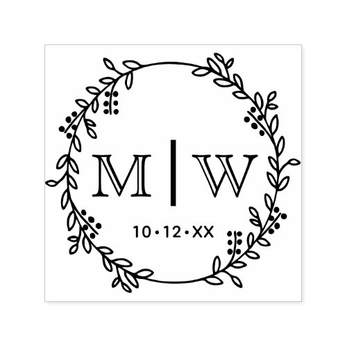 Botanical Wreath Two Initial Wedding Monogram CO Self_inking Stamp