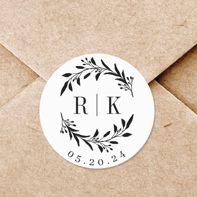 Botanical Wreath Wedding Monogram Classic Round Sticker (Creator Uploaded)