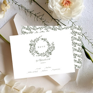 Botanical Wreath White Green Classic Wedding RSVP Card