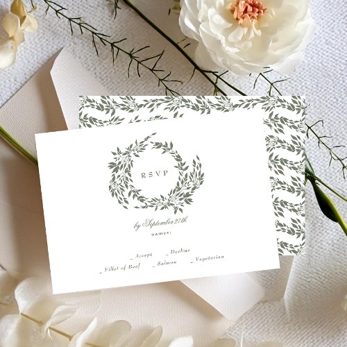 Botanical Wreath White Green Classic Wedding RSVP Card