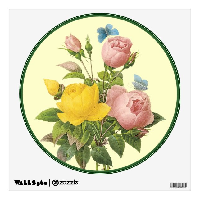 Botanical Yellow and Pink Roses with Butterflies Wall Sticker (Front)