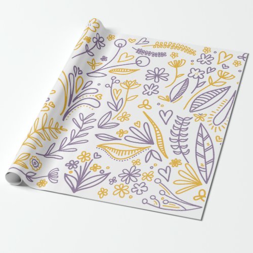 botanical yellow and purple hand drawn floral wrapping paper