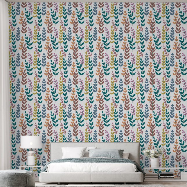 Botanical Yellow Grey Blue Orange Pink Leaves Wallpaper (Bedroom)