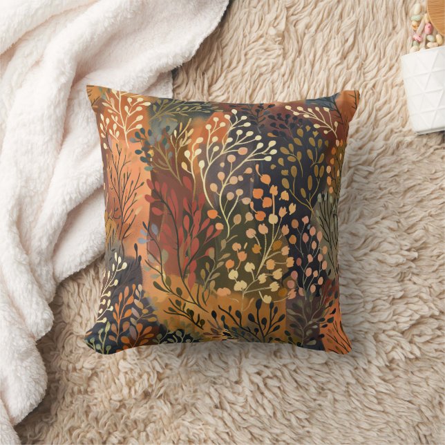 Botanical Yellow Orange Leafy Floral Throw Pillow (Blanket)