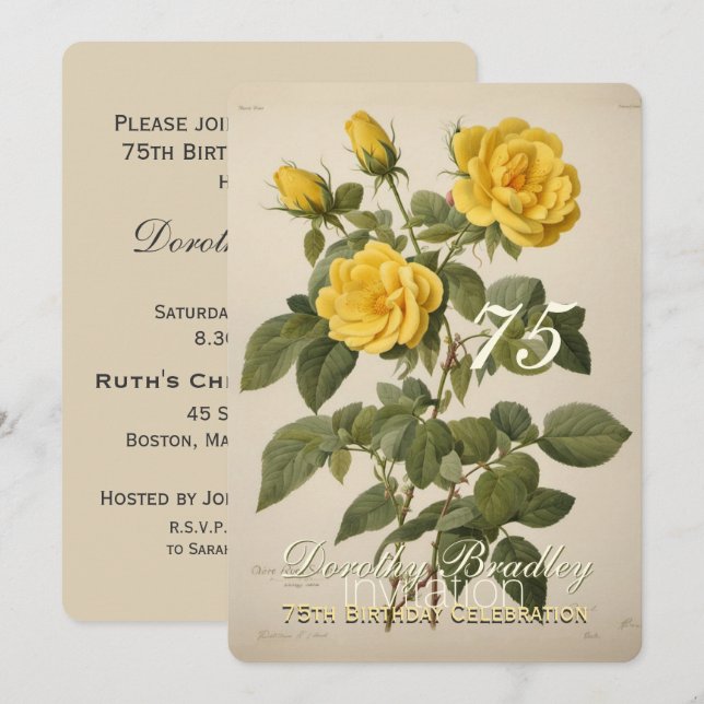 Botanical Yellow Rose 75th Birthday Invitation (Front/Back)