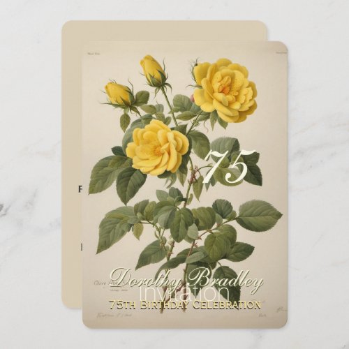 Botanical Yellow Rose 75th Birthday Invitation