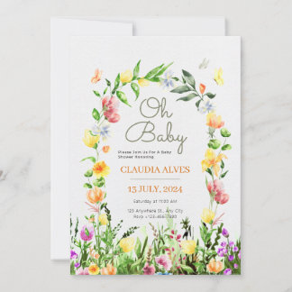 botanical yellow watercolor floral babyshower invitation