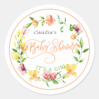 botanical yellow watercolor floral girl babyshower classic round sticker
