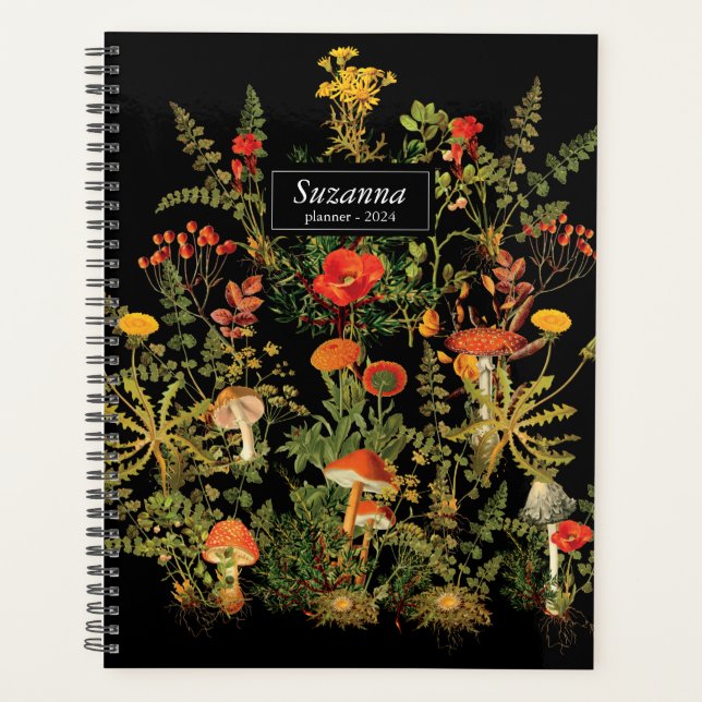 Botanicals Florals Mushroom Black Notebook (Front)