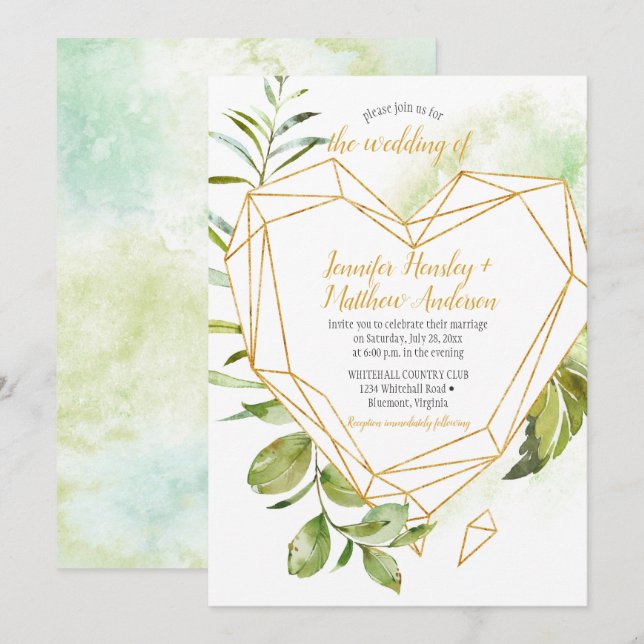 Botanicals Gold Heart-Shaped Crystal Wedding Invitation (Front/Back)