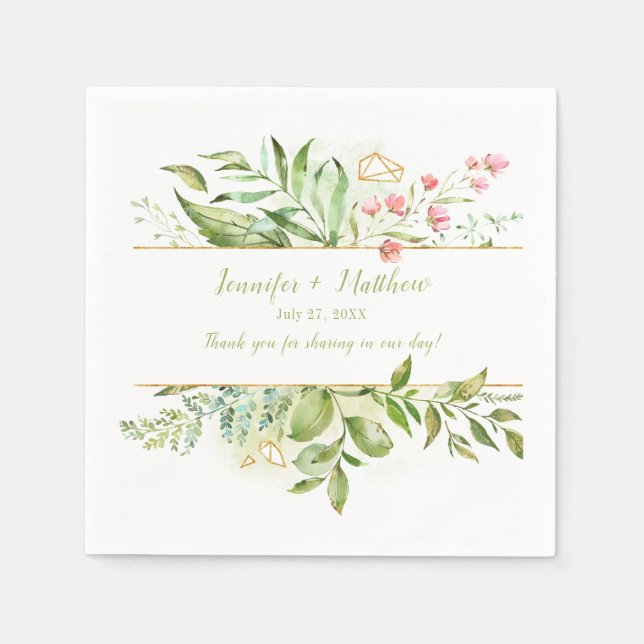 Botanicals Pink Flowers Gold Geometric Reception Napkins (Front)