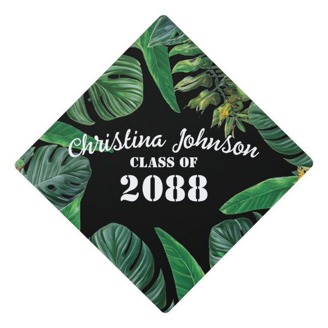 Botany Biology Horticulture Jungle Leaves Black Graduation Cap Topper (Front)