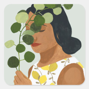 Botany Portrait - Woman with Greenery Square Sticker