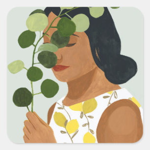 Botany Portrait - Woman with Greenery Square Sticker