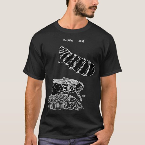 Botfly larva and adult black T_Shirt