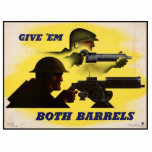 Both Barrels, Military & Industry, War Effort Cutout<br><div class="desc">The poster, with its bold imagery and forceful message, was a stark reminder of the sacrifices required to secure victory. In bustling city streets and quiet rural towns, it hung in shop windows, on factory walls, and in train stations. The image of the steelworker, a symbol of American industry, and...</div>