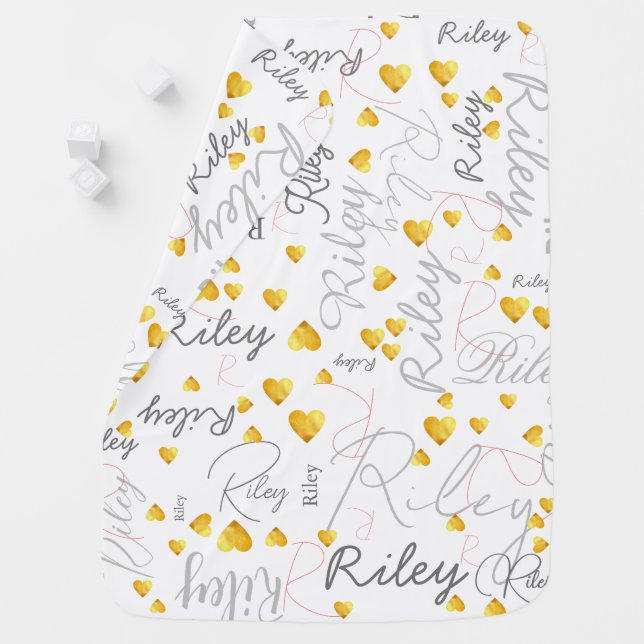 Both Sides Custom Names Initials and Gold Hearts  Baby Blanket (In Situ)