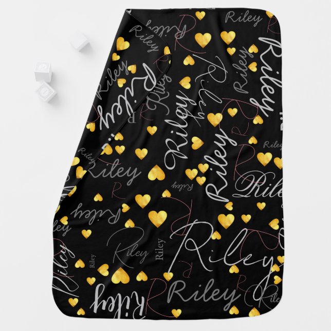 Both Sides Name Initial & Gold Hearts Modern Kids Baby Blanket (In Situ)