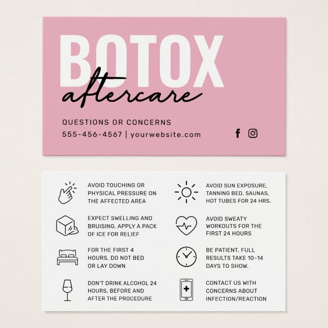 Botox Filler Injection Aftercare Instruction Card (Front & Back)