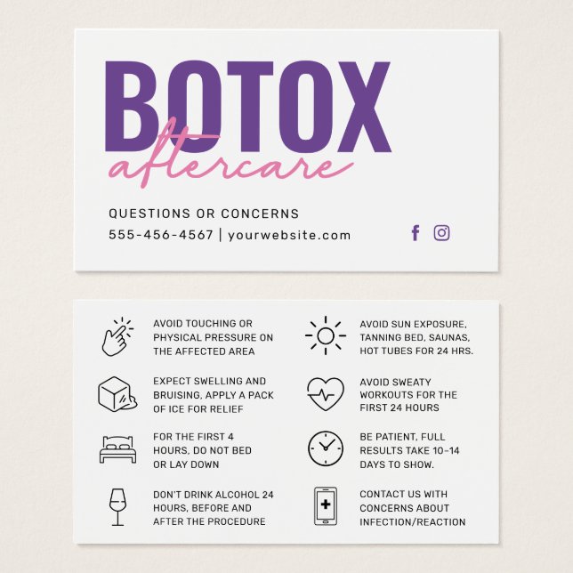Botox Filler Injection Aftercare Instruction Card (Front & Back)