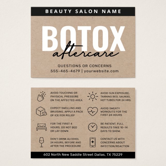 Botox Filler Injection Aftercare Instruction Card (Front & Back)