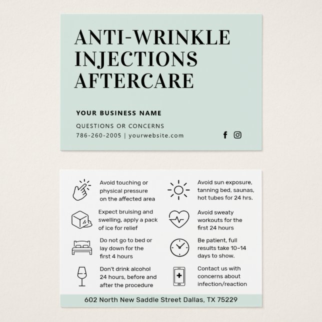 Botox Mint Anti Wrinkle Injections Aftercare Card (Front & Back)