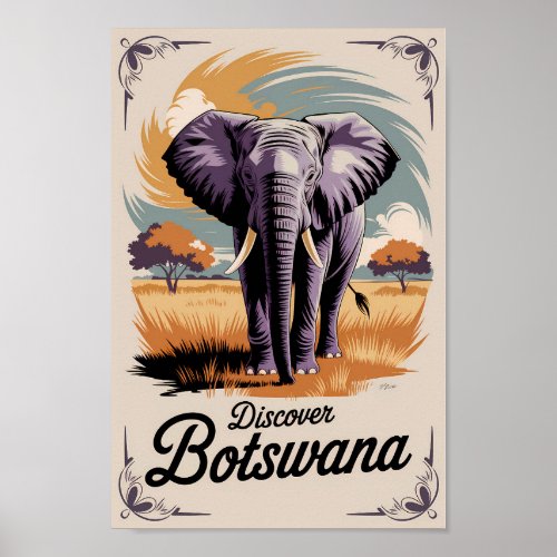Botswana Elephant Illustration Travel Art Vintage