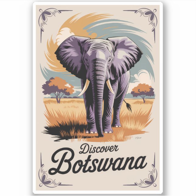 Botswana Elephant Illustration Travel Art Vintage Sticker (Front)