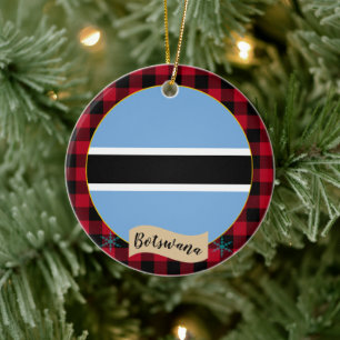 Botswana, Red buffalo plaid & Botswana Flag Ceramic Ornament