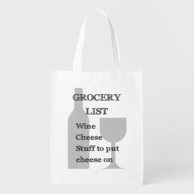 Bottle and Glass: Wine Lovers Grocery List Grocery Bag (Front)