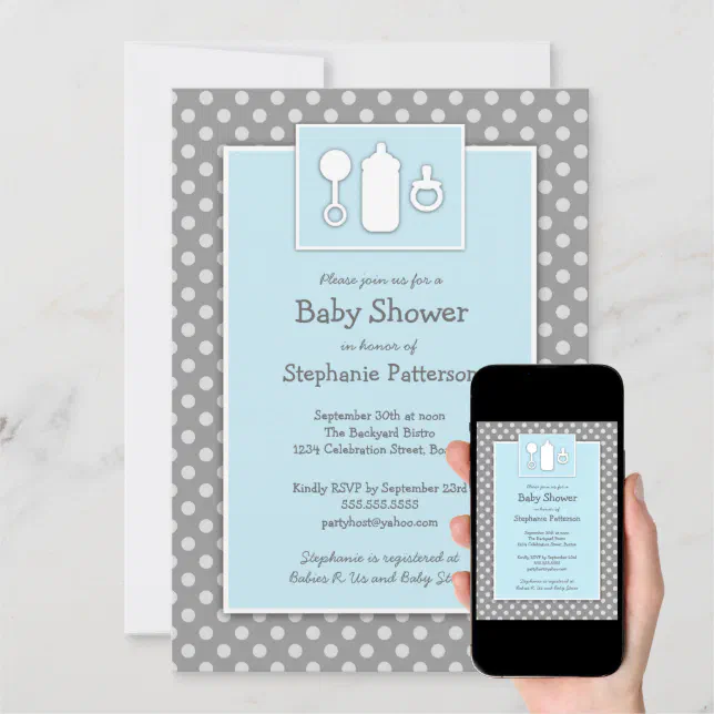 Bottle Binky Rattle Baby Shower Blue & Gray Invitation | Zazzle