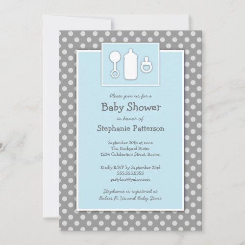 Bottle Binky Rattle Baby Shower Blue &amp; Gray Announcement