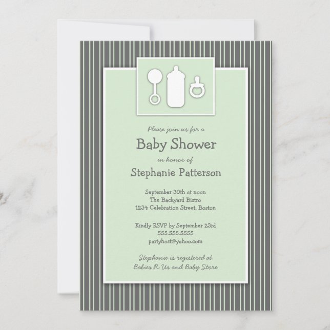Bottle Binky Rattle Baby Shower Mint & Gray Invitation (Front)