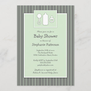 Bottle Binky Rattle Baby Shower Mint & Gray Invitation
