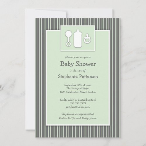 Bottle Binky Rattle Baby Shower Mint &amp; Gray Invite
