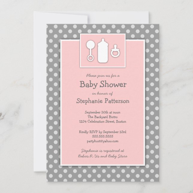 Bottle Binky Rattle Baby Shower Pink & Gray Invitation (Front)