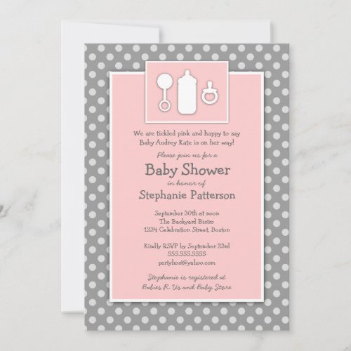Bottle Binky Rattle Tickled Pink Baby Shower Invitation
