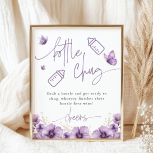 Bottle Chug Beer Purple Butterfly Baby Shower Game Poster