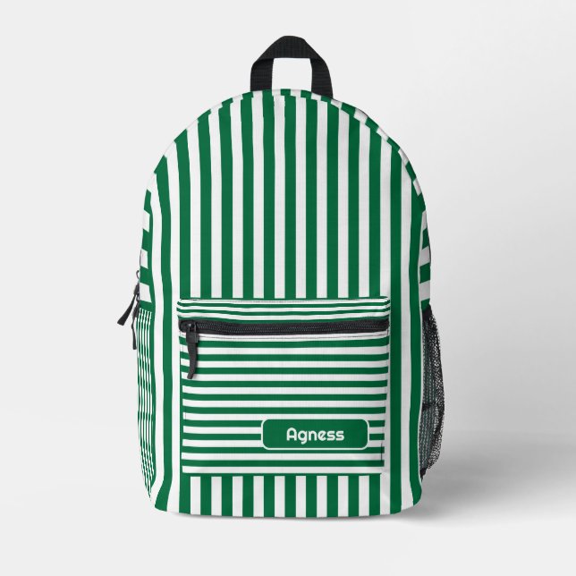 Bottle Green and White Vintage Striped Name Printed Backpack (Front)