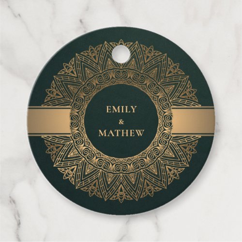 BOTTLE GREEN GOLD CLASSIC ORNATE MANDALA WEDDING FAVOR TAGS