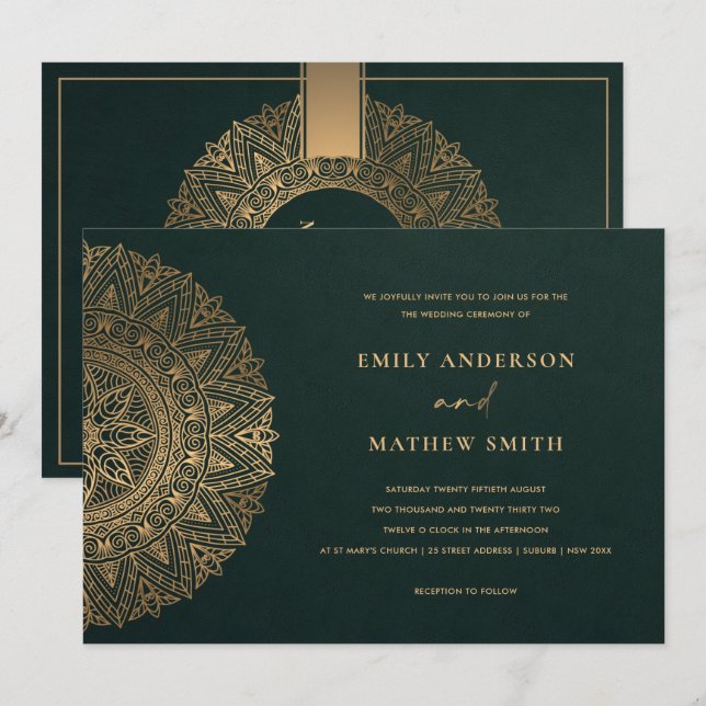 BOTTLE GREEN GOLD CLASSIC ORNATE MANDALA WEDDING INVITATION (Front/Back)