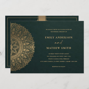 BOTTLE GREEN GOLD CLASSIC ORNATE MANDALA WEDDING INVITATION