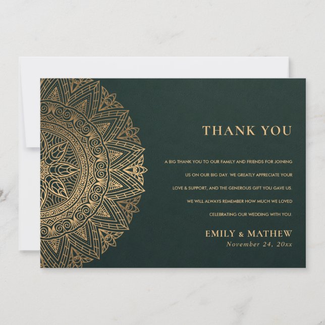 BOTTLE GREEN GOLD CLASSIC ORNATE MANDALA WEDDING THANK YOU CARD (Front)