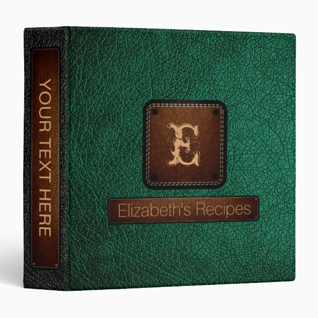 Bottle Green Leather Elegant Monogram 3 Ring Binder (Front/Spine)