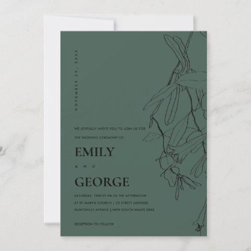BOTTLE GREEN LINE DRAWING FLORAL WEDDING INVITE